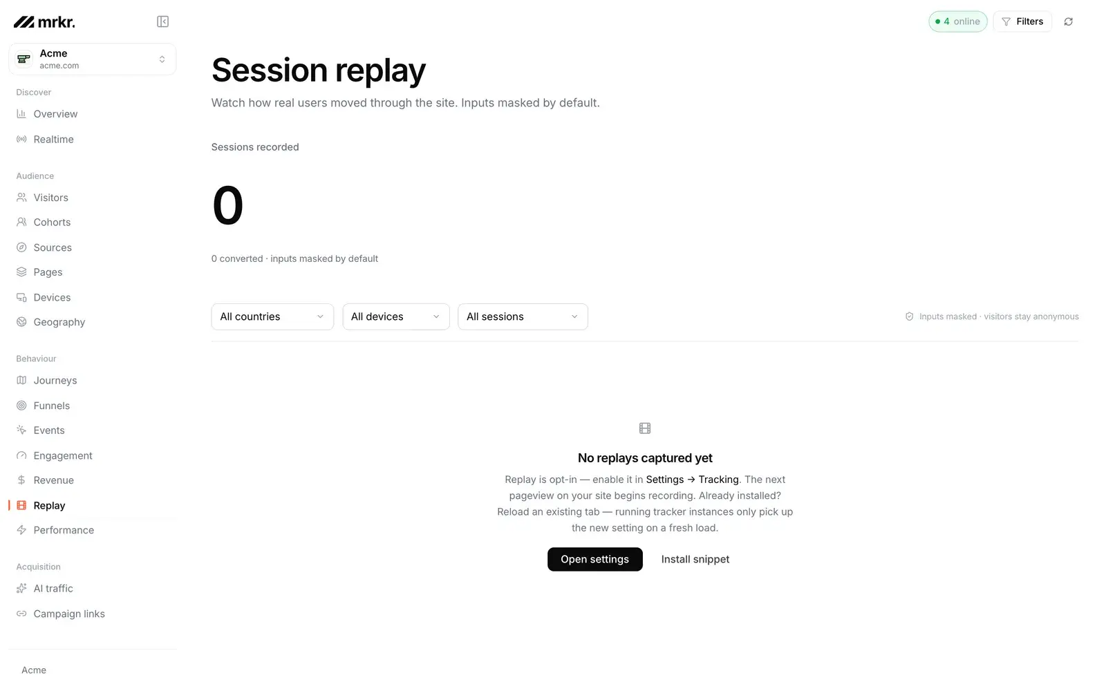 A Mrkr session replay playing back a recorded visit with its timeline.