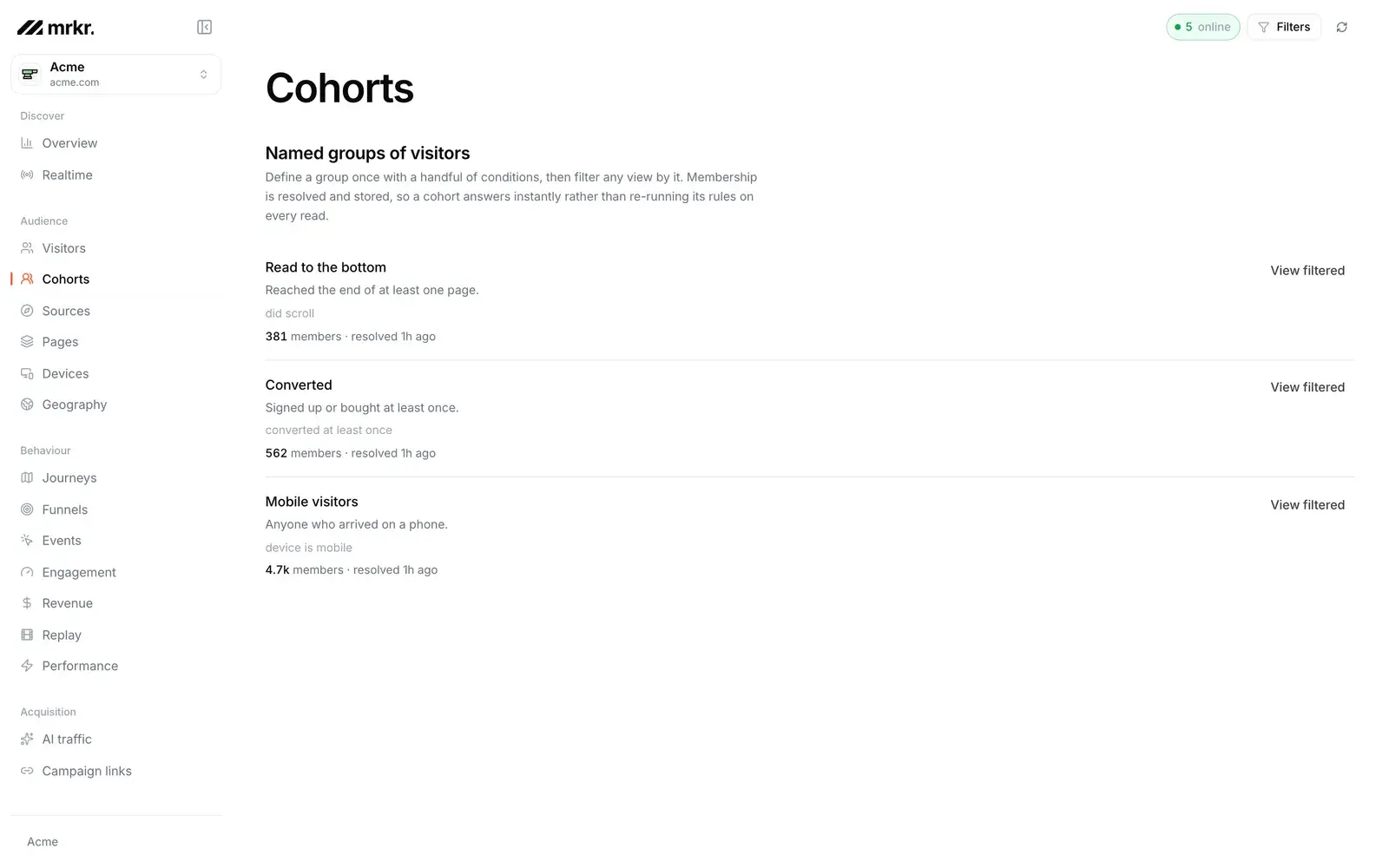 The Mrkr cohorts page listing saved visitor groups with their conditions and member counts.