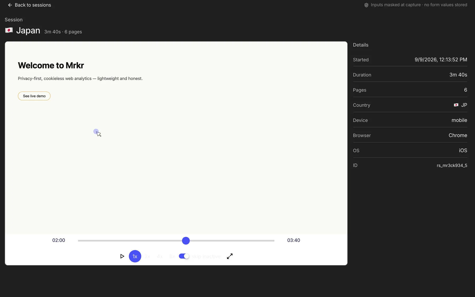 A recorded session playing back in the mrkr replay player, with its duration, pages, country, and device.